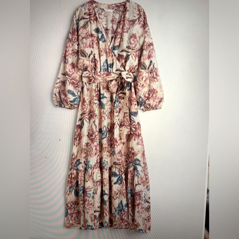 H&M cream floral chiffon wrap dress